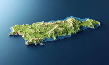 3D island map, ocean, terrain, topography, geographical, travel, background, elevationの素材