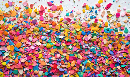 Colorful confetti scattered on white background, festive celebration backdropの素材