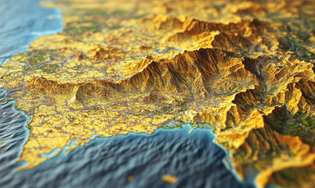 Coastal mountain range, aerial view, sunlight, textured terrain, geographic map, for travel brochuresの素材