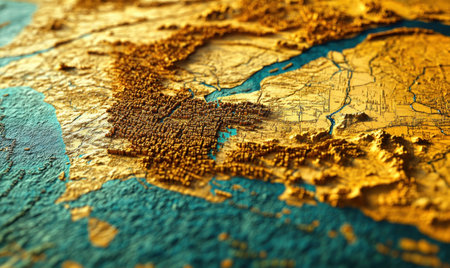 Aerial view of coastal city, textured map, geographic details, background shows ocean and land. Use geography educationの素材