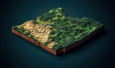 Isometric map, forest, mountains, terrain, digital art, nature, geography, background, environmental visualizationの素材