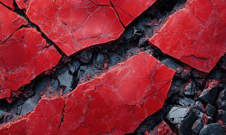 Cracked red rock texture, dark background, geological formation, abstract art, design elementの素材