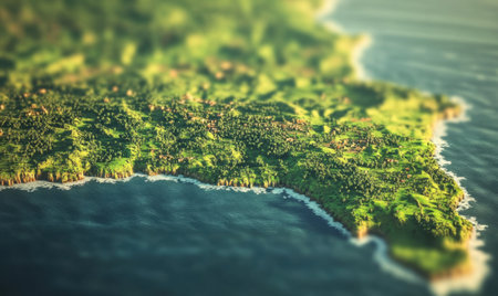 Coastal Island Landscape Lush green hills meet ocean waves, tranquil village visible, perfect for travel brochuresの素材