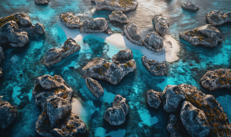 Tropical Island Aerial View Turquoise water surrounds a small sandy beach amidst rocky outcrops.  Perfect for travel brochuresの素材