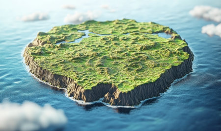Lush green island in ocean, aerial view, clouds, travelの素材