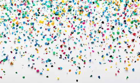 Colorful confetti scattered on white background, celebration, party, festiveの素材