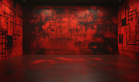 Red grunge wall room interior, empty space, dark floor, spotlight, background designの素材