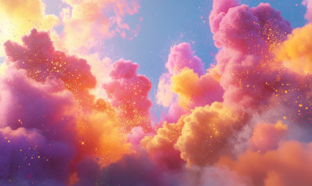 Magical sunset sky, colorful clouds, sparkling particles, fantasy background, ideal for dreamy designsの素材