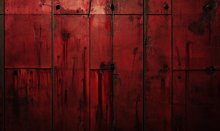 Dark red grunge metal wall texture, urban background, perfect for horror or industrial designの素材