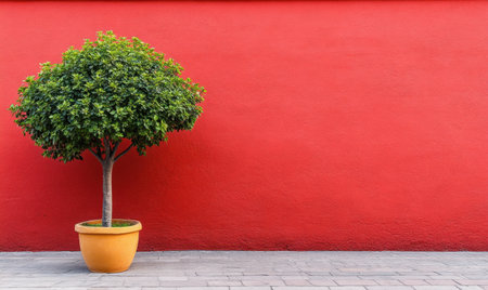 Small tree in pot against red wall; urban background, designの素材