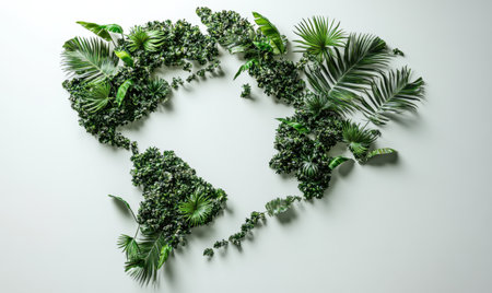 Tropical leaves arranged as world map, white background, nature concept, design elementの素材