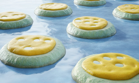 Yellow pads on green lily pads float on calm blue water under a cloudy sky; nature backgroundの素材