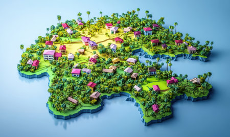 Tropical island village aerial view, lush landscape, tourism brochureの素材