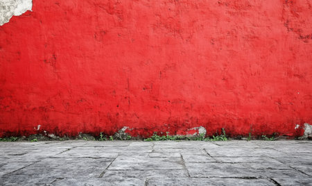 Red textured wall, stone pavement, urban background, city scene, design backdropの素材
