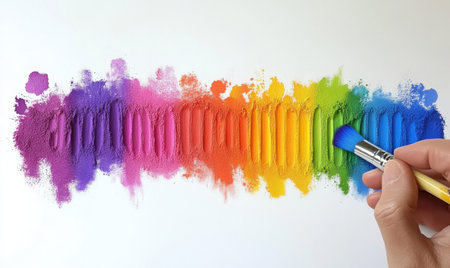 Rainbow powder paint art, hand blending colors, white background, creative process, designの素材