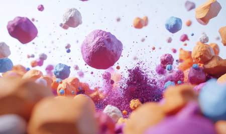 Colorful spheres exploding, powder cloud background, abstract art, website bannerの素材