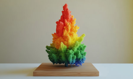 Colorful abstract sculpture on wood, minimalist background, 3D render, designの素材