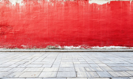 Red wall, stone pavement, urban background, city street, textureの素材