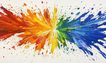 Abstract rainbow paint explosion; vibrant art splash; white background; creative design; website bannerの素材