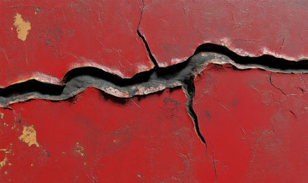 Cracked red paint texture, close-up detail, surface damage, background abstractの素材
