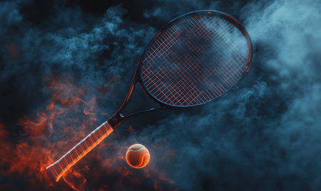Fiery tennis racket and ball in smoky air; sport action; dramatic background; website bannerの素材
