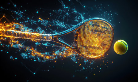 Tennis racket hitting ball, energy trails, dark background; sports, advertisingの素材