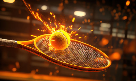 Fiery Tennis Ball Hit, Court Background, Sports Action, Energy, Advertisingの素材