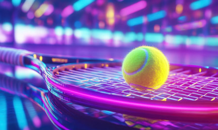 Neon Tennis Ball on Racket, Night Court, Vibrant Lights, Sports Gameの素材