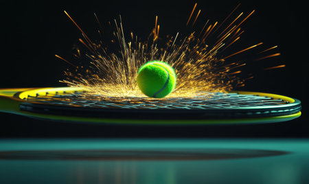Tennis ball impact, sparks, racket, court, sport, energy, action, advertisingの素材