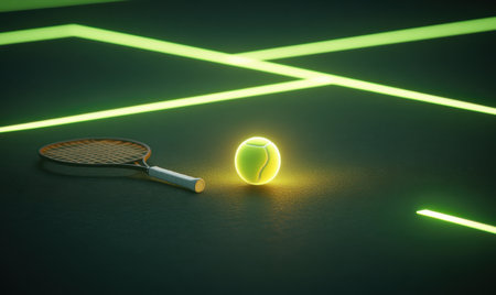 Glowing Tennis Ball and Racket on Courtの素材