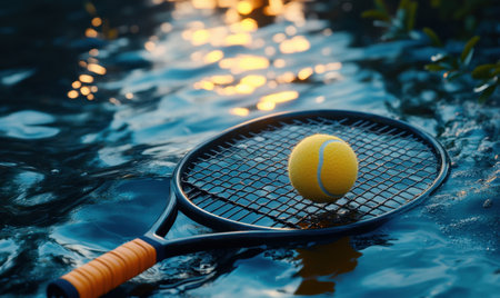 Tennis ball and racket float on calm water at sunsetの素材