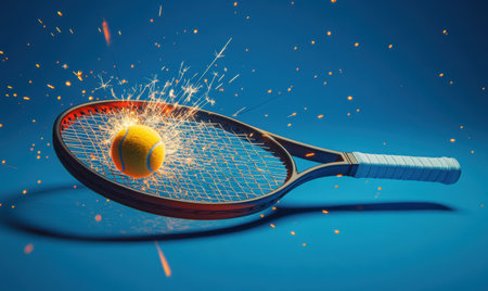 Tennis ball exploding on racket, sparks, blue background; sports action, energy conceptの素材