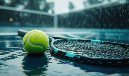 Rainy tennis court, ball and racket, wet surface, outdoor gameの素材