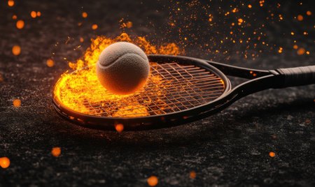 Flaming tennis ball on burning racket, dark background, sport concept, website bannerの素材