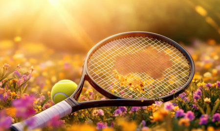 Tennis racket and ball in sunset field; summer sportの素材