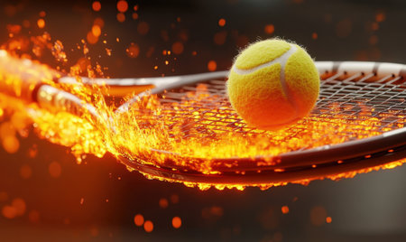 Flaming tennis racket with ball; intense action; dark background; sports conceptの素材