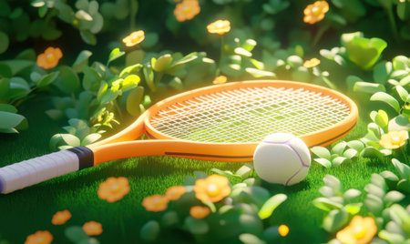 Tennis racket and ball in sunny garden; summer sportの素材