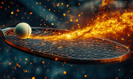 Fiery tennis ball hit, court action, sparks, competitionの素材
