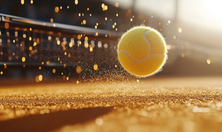 Tennis ball bouncing, clay court, sunset, stadiumの素材