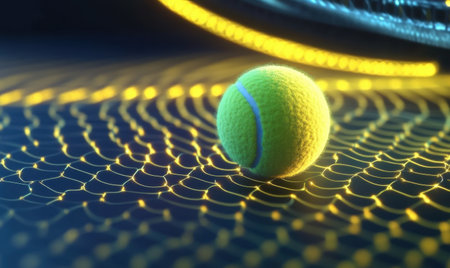 Tennis ball on net, glowing lines, dark background; sport, action, energyの素材