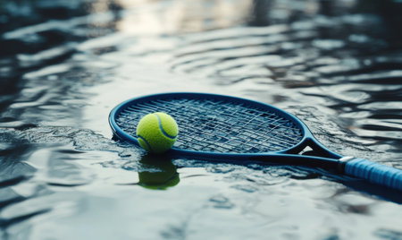 Tennis racket and ball in a puddle after rainの素材