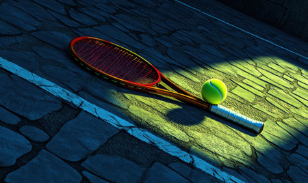 Night tennis court, racket, ball, spotlight, game, sport, advertisementの素材