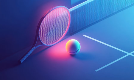 Neon-lit tennis court, racket, ball; nighttime sports gameの素材
