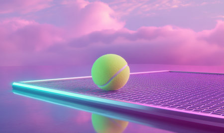Tennis ball on neon court, sunset sky,  sport, game,  website bannerの素材