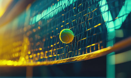Tennis ball on racket, night game, court, action shot, sportsの素材