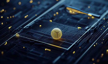 Tennis ball and racket on digital court; futuristic background; tech sport conceptの素材