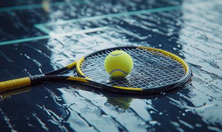 Wet tennis racket and ball on reflective surface; rainy background; sports, advertisementの素材