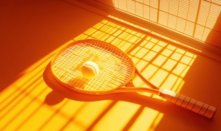 Tennis racket and ball in sunlight, indoor court, summerの素材