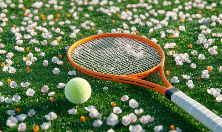 Tennis racket and ball on blossom-covered courtの素材