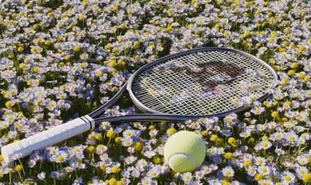 Tennis racket and ball in daisy field; spring sportの素材